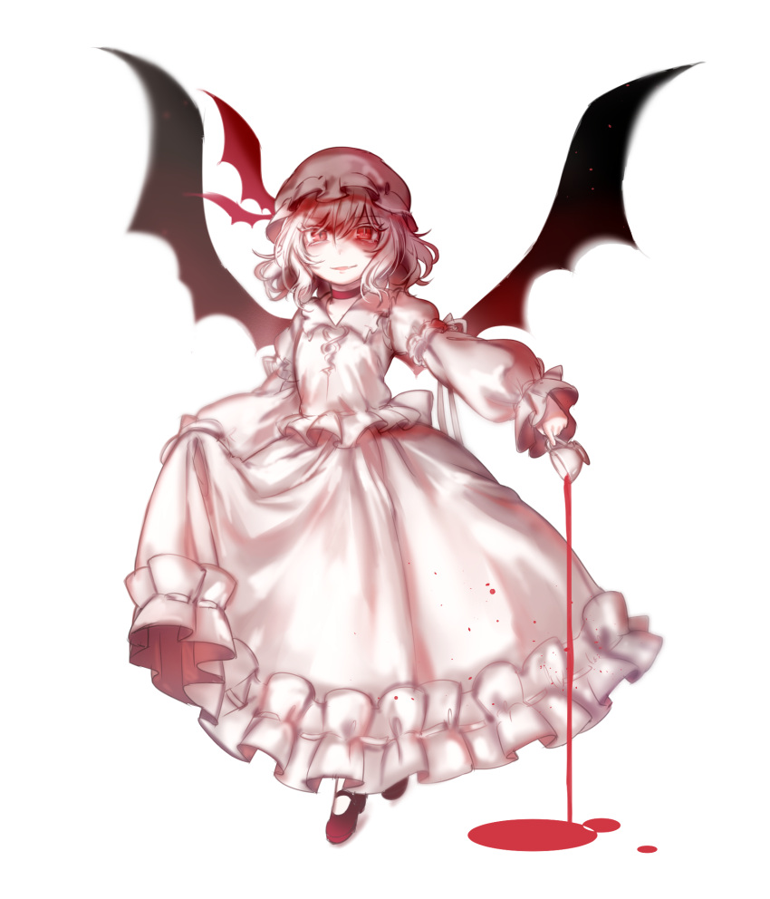 1girl ambiguous_red_liquid bat_wings black_shoes bloom choker dress dress_lift full_body hat head_wings highres juliet_sleeves lifted_by_self long_sleeves looking_at_viewer mary_janes mob_cap puffy_long_sleeves puffy_sleeves red_eyes remilia_scarlet shoes smile solo spilling tis_(shan0x0shan) touhou white_background white_dress white_hair wings