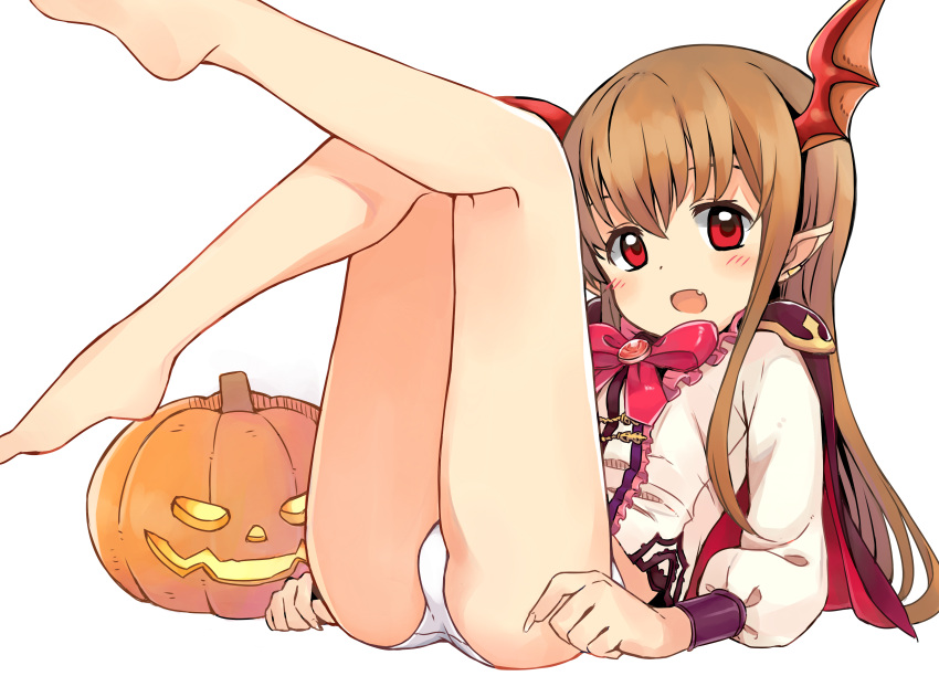1girl absurdres ass bare_legs barefoot bat_wings blonde_hair blush bow commentary_request fang feet frilled_shirt frills granblue_fantasy halloween head_wings highres jack-o'-lantern kirarin369 legs_up long_hair long_sleeves looking_at_viewer lying no_pants on_back open_mouth panties pointy_ears pumpkin red_eyes shadowverse shingeki_no_bahamut shirt soles solo toes underwear vampy white_panties wings