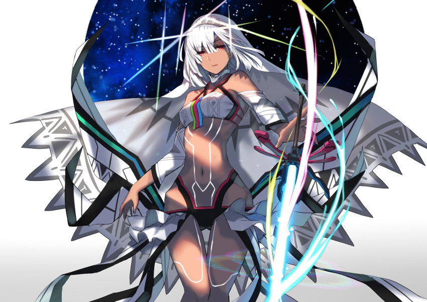1girl absurdres ass_visible_through_thighs attila_(fate/grand_order) bare_shoulders dark_skin fate/grand_order fate_(series) highres hips karlwolf long_hair looking_at_viewer red_eyes solo sword thigh_gap thighs weapon white_hair