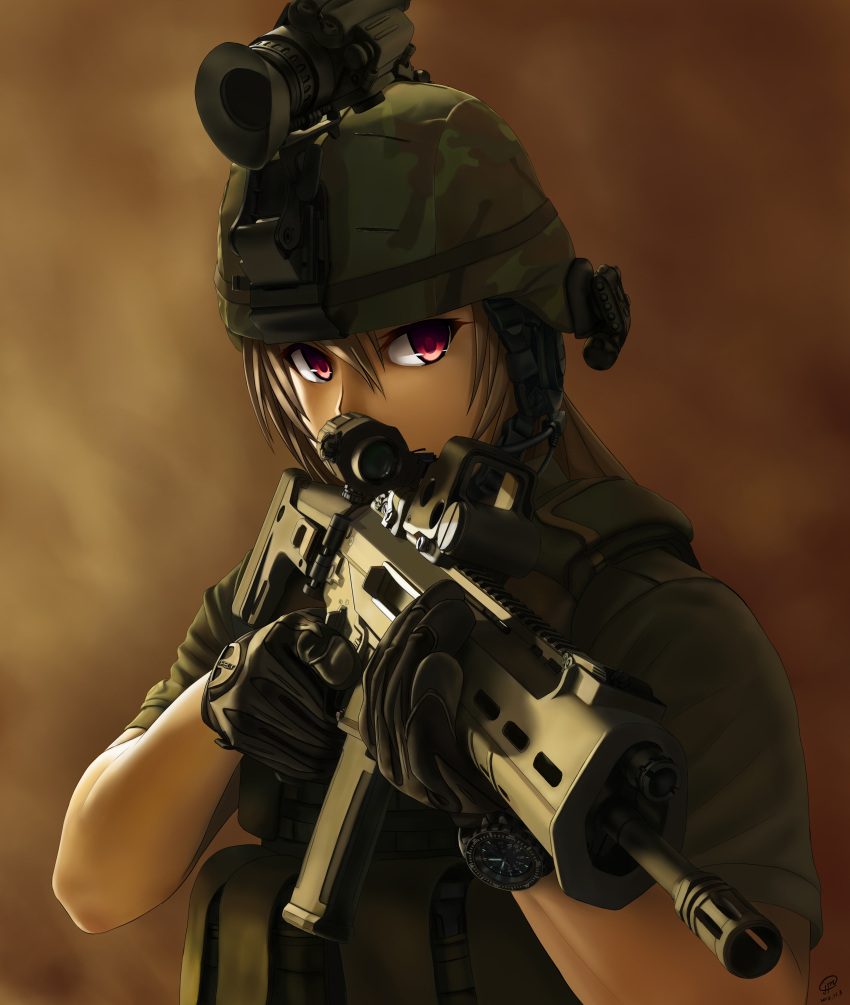 1girl absurdres assault_rifle bushmaster_acr commentary gloves goggles goggles_on_head goggles_on_headwear gun headset helmet highres jpc light_brown_hair load_bearing_vest long_hair military military_uniform night_vision_device original remington_acr rifle shirt signature smoke soldier solo t-shirt trigger_discipline uniform upper_body violet_eyes watch watch weapon