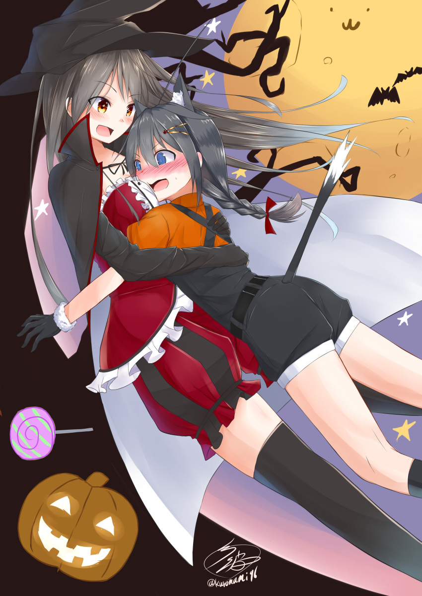 &gt;:d 2girls :3 :d absurdres alternate_costume animal_ears bat belt between_breasts black_gloves black_hair blue_eyes blush braid candy cape cat_ears cat_tail commentary_request fake_animal_ears fake_tail gloves hair_flaps hair_ornament hair_ribbon halloween halloween_costume haruna_(kantai_collection) hat head_between_breasts highres hug kantai_collection kneehighs lollipop long_hair moon moonlight multiple_girls namikawa_kuroha open_mouth orange_hair pumpkin remodel_(kantai_collection) ribbon shigure_(kantai_collection) signature single_braid smile star sweatdrop tail thigh-highs twitter_username witch_hat