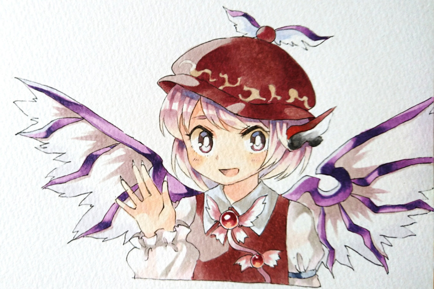 1girl :d bird_wings blush brooch collared_shirt hat highres jewelry long_sleeves looking_at_viewer mystia_lorelei open_mouth pink_eyes pink_hair sasa_kichi scan scan_artifacts shirt short_hair smile solo touhou traditional_media upper_body vest waving winged_hat wings