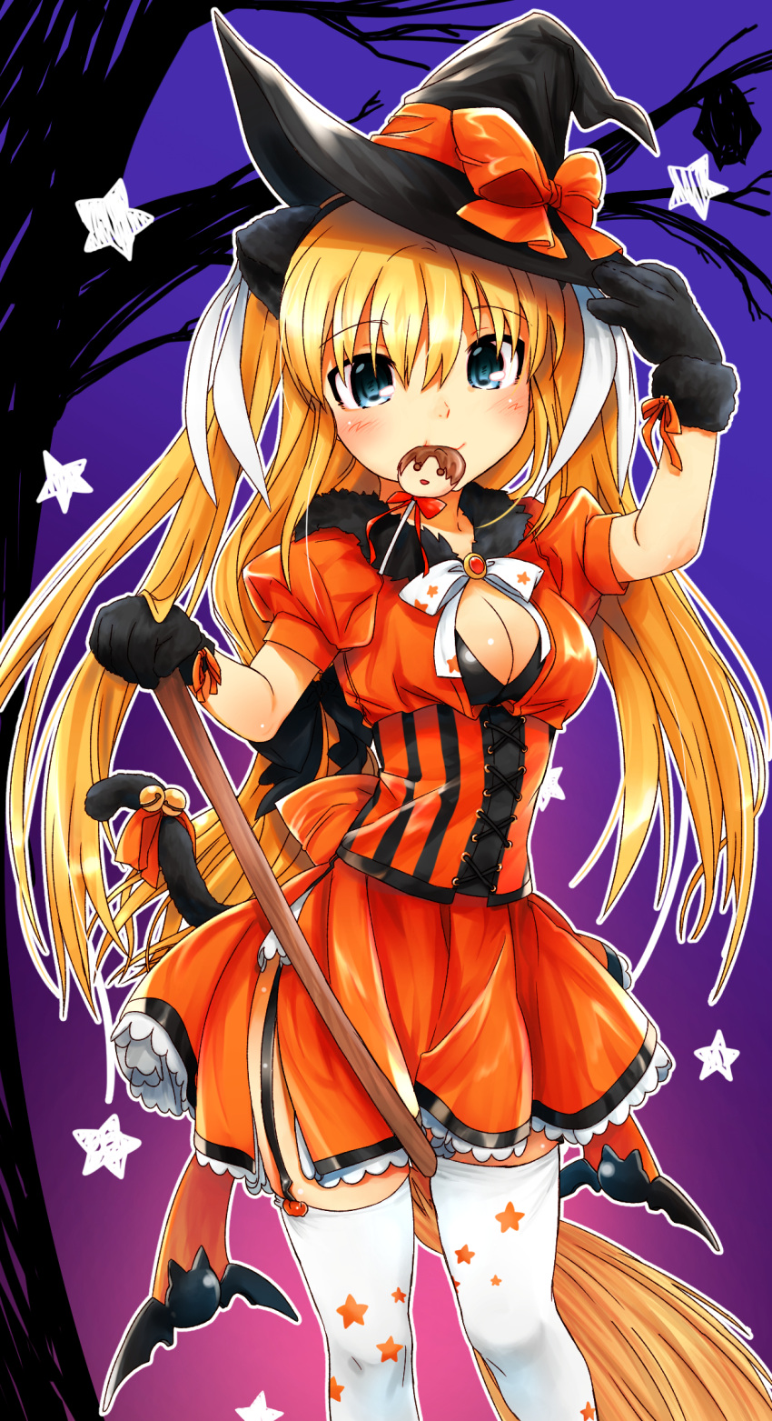 1girl animal_ears bat bell black_gloves blonde_hair breasts candy cat_ears cat_tail cleavage cleavage_cutout dress gloves halloween hat highres jingle_bell little_busters!! lollipop long_hair natsuoto_rito orange_dress paw_gloves standing star tail thigh-highs tokido_saya tree white_legwear witch_hat