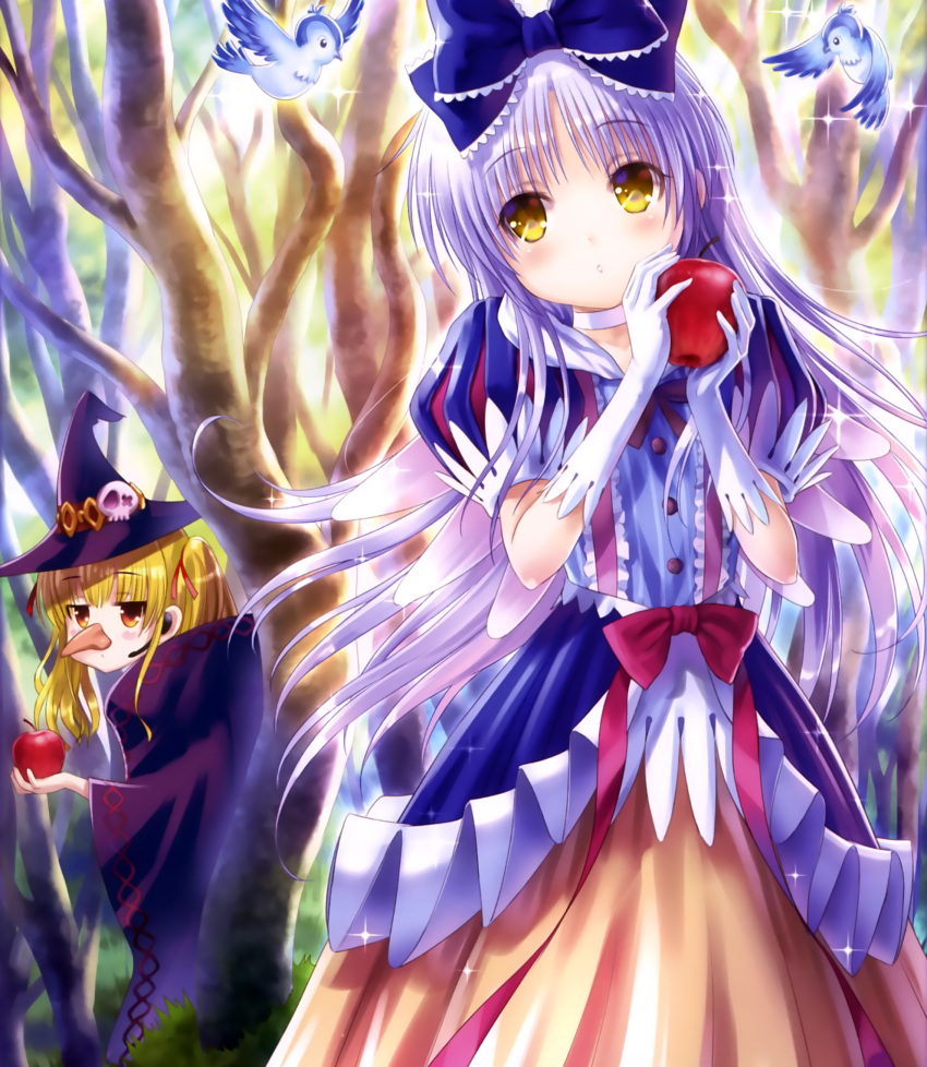 2girls angel_beats! apple bare_tree bird blonde_hair blue_bow blush bow brown_hair choker cloak closed_mouth collarbone day earpiece expressionless eyebrows eyebrows_visible_through_hair food forest fruit gloves goto_p hair_bow hair_ribbon hat head_tilt highres holding holding_fruit lavender_hair long_hair multiple_girls nature orange_skirt outdoors parted_lips peeking_out puffy_short_sleeves puffy_sleeves queen_(snow_white)_(cosplay) red_ribbon ribbon scan shirt short_sleeves skirt snow_white snow_white_(cosplay) sparkle standing tachibana_kanade tree two_side_up very_long_hair white_gloves wicked witch witch_hat yellow_eyes yusa_(angel_beats!)