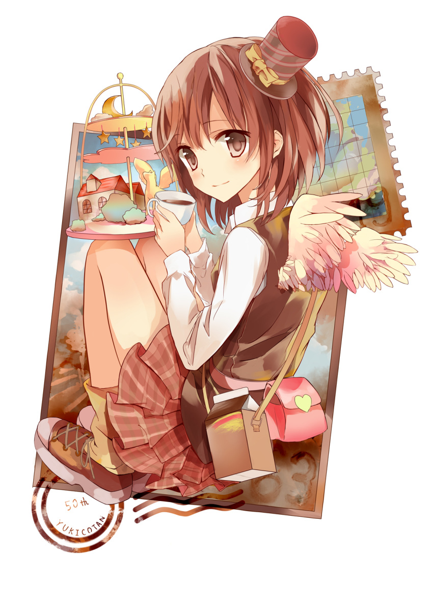 1girl brown_eyes brown_hair brown_skirt coffee_cup cup feathered_wings hat highres holding holding_cup looking_at_viewer mini_hat nagata_ozu pleated_skirt short_hair simple_background skirt smile solo white_background wings yukico-tan yukijirushi