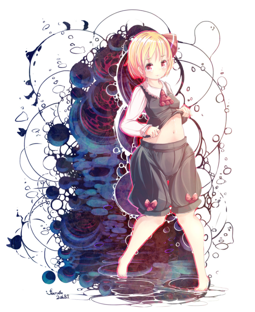 1girl :o barefoot belly blonde_hair blush bow bubble darkness eyebrows feet full_body furim highres legs looking_at_viewer midriff nail_polish navel pink_nails red_eyes rumia shirt_lift short_eyebrows short_hair shorts solo thick_eyebrows toes touhou wide_hips