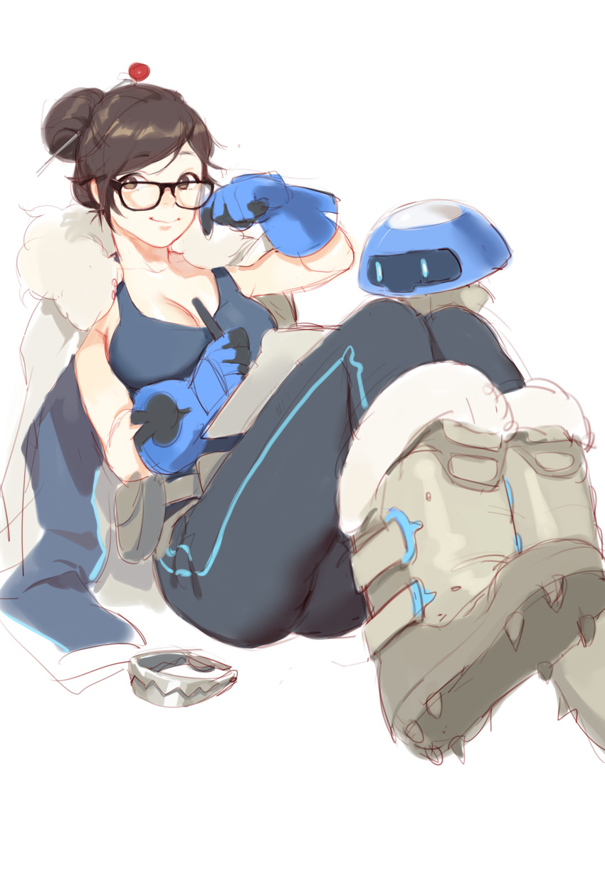 1girl absurdres black-framed_eyewear breasts brown_eyes brown_hair cleavage clipboard coat fur_trim glasses gloves hair_bun hair_ornament hair_stick highres knees_together_feet_apart large_breasts looking_at_viewer mei_(overwatch) overwatch pen short_hair shuaiaba simple_background sitting sketch smile solo tank_top white_background