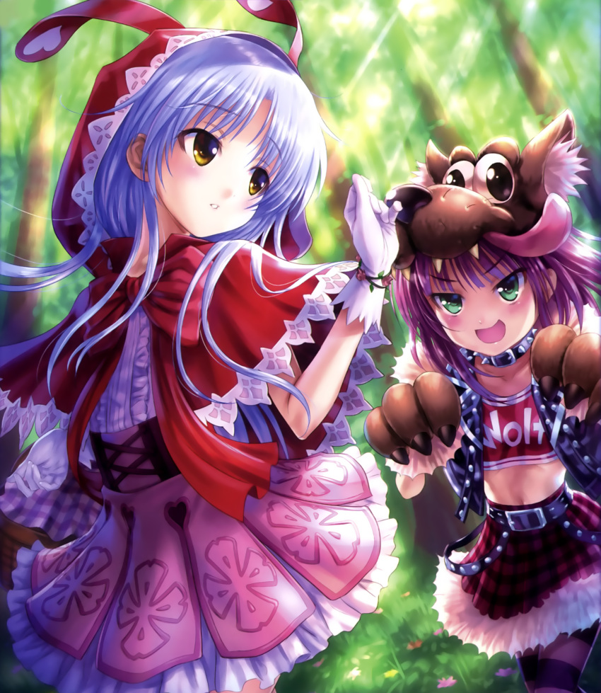 &gt;:d 2girls :d angel_beats! animal_costume animal_hood belt big_bad_wolf_(cosplay) blurry blush clothes_writing collar crop_top dappled_sunlight day depth_of_field eyebrows eyebrows_visible_through_hair flower forest gloves goto_p green_eyes heart_print high-waist_skirt highres hood jacket lavender_hair little_red_riding_hood little_red_riding_hood_(cosplay) long_hair looking_at_another looking_back midriff multiple_girls nature open_clothes open_jacket open_mouth outdoors pantyhose parted_lips paws petticoat picnic_basket pink_skirt plaid plaid_skirt purple_hair red_skirt scan skirt smile spiked_collar spikes standing striped striped_legwear sunlight tachibana_kanade white_gloves wolf_costume wolf_hat yellow_eyes yui_(angel_beats!)