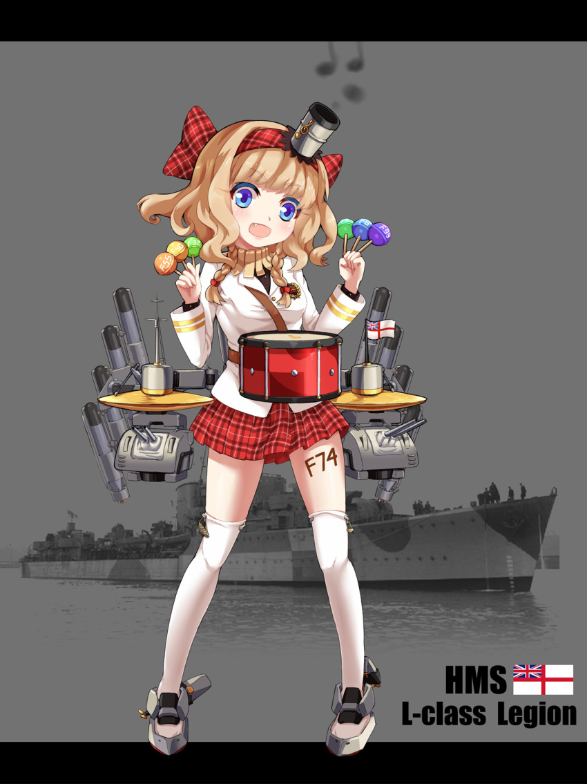 1girl :d badge blue_eyes blush braid brown_hair buttons candy cannon character_name colored_eyelashes cymbals drum emblem eyebrows eyebrows_visible_through_hair fang flag full_body hair_ribbon hairband highres hms_legion instrument jacket legion_(zhan_jian_shao_nyu) legs_apart lollipop long_sleeves machinery military military_vehicle miniskirt musical_note number_tattoo official_art open_mouth photo_background plaid plaid_ribbon plaid_skirt pleated_skirt propeller red_ribbon red_skirt ribbon ship sirills skirt smile smoke smokestack solo standing tattoo text thigh-highs torpedo turret twin_braids union_jack warship watercraft white_ensign white_jacket white_legwear zhan_jian_shao_nyu