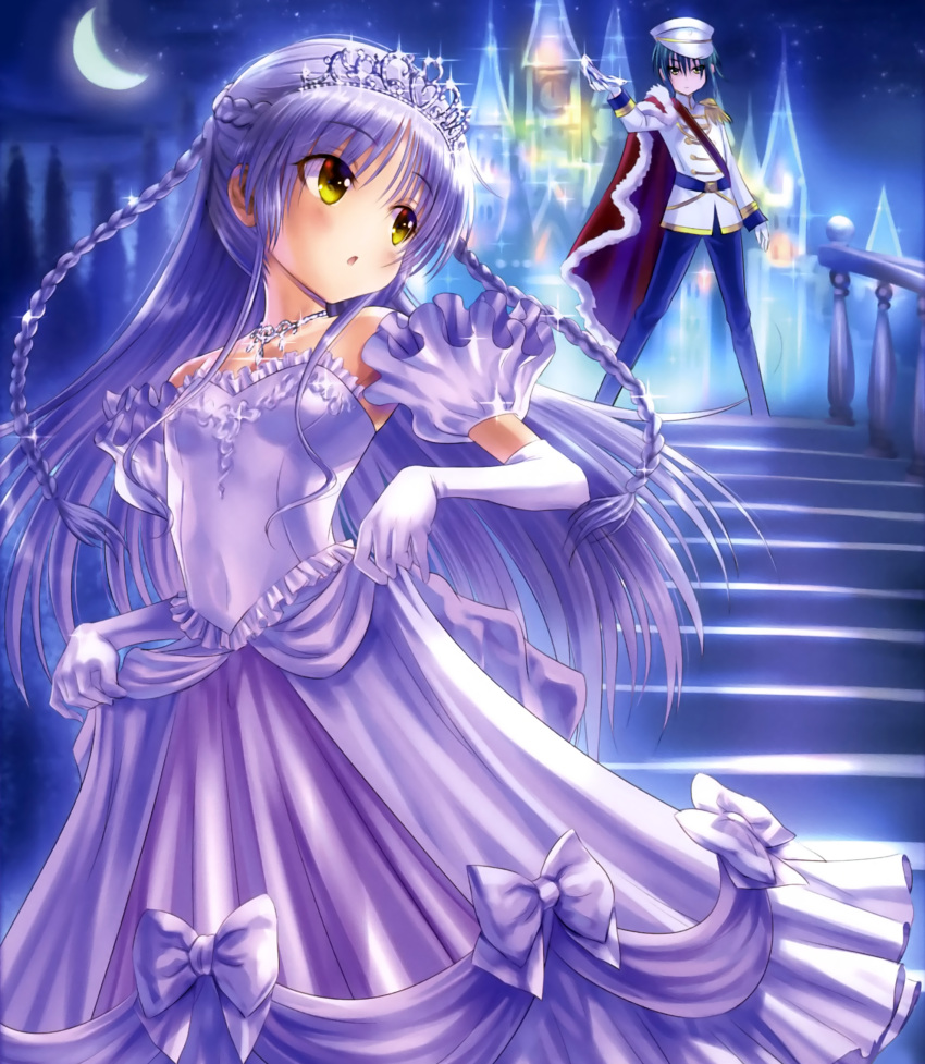 1boy 1girl angel_beats! black_pants blush braid cape castle cinderella cinderella_(cosplay) closed_mouth cosplay crescent_moon detached_sleeves dress elbow_gloves epaulettes glass_slipper glint gloves goto_p green_hair hat highres holding lavender_hair legs_apart long_hair moon naoi_ayato night outdoors pants parted_lips peaked_cap railing scan short_hair short_sleeves silhouette skirt_hold sleeveless sleeveless_dress sparkle stairs strapless strapless_dress tachibana_kanade tiara tree twin_braids uniform very_long_hair violet_eyes white_gloves white_hat yellow_eyes