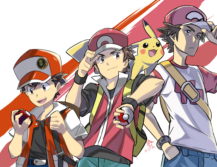 absurdres adjusting_clothes adjusting_hat age_progression backpack bag baseball_cap belt brown_hair comparison dated hat highres holding holding_poke_ball ishmaiah_dado jacket multiple_persona open_clothes open_jacket pants pikachu poke_ball pokemon pokemon_(game) pokemon_frlg pokemon_rgby pokemon_sm red_(pokemon) red_(pokemon)_(classic) red_(pokemon)_(remake) red_(pokemon)_(sm) shirt short_sleeves signature smile t-shirt wristband younger z-ring