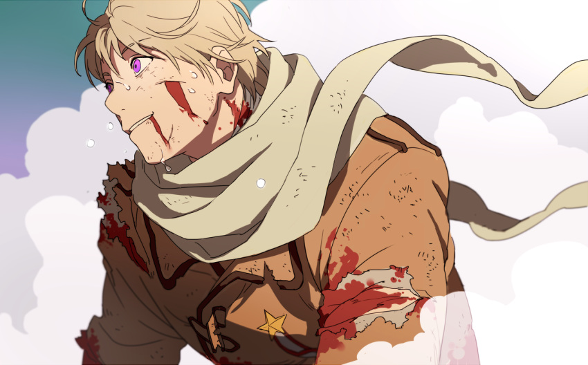 1boy axis_powers_hetalia blood blood_from_mouth blood_on_face bloody_clothes coat constricted_pupils cuts dashi_(minzoku_gb) injury male_focus russia_(hetalia) sky solo steam sweat torn_clothes winter_clothes winter_coat