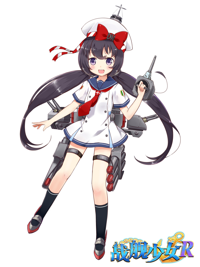 1girl :d antonio_da_noli_(zhan_jian_shao_nyu) black_hair black_legwear blush bow cannon copyright_name double-breasted dress full_body hat highres holding holding_weapon italy legs_apart linda_b long_hair looking_at_viewer low_twintails machinery official_art open_mouth red_bow ribbon sailor_collar sailor_dress shirt short_sleeves smile socks solo standing striped striped_ribbon teeth thigh_strap torpedo turret twintails very_long_hair violet_eyes weapon white_background white_hat white_shirt zhan_jian_shao_nyu