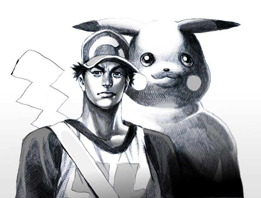 1boy baseball_cap clothes_writing derivative_work gradient gradient_background greyscale hat highres looking_at_viewer male_focus monochrome nobita pikachu pokemon pokemon_(creature) pokemon_(game) pokemon_sm raglan_sleeves red_(pokemon) red_(pokemon)_(sm) shirt short_hair simple_background t-shirt upper_body white_background