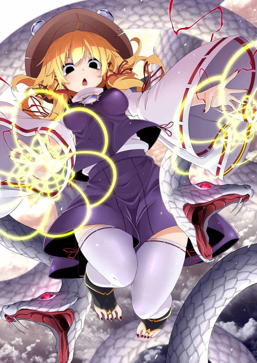 1girl black_eyes blonde_hair breasts commentary_request fangs hair_ribbon hat highres long_sleeves medium_breasts mirror mishaguji moriya_suwako nail_polish purple_skirt red_eyes red_ribbon ribbon rihito_(usazukin) sidelocks skirt snake solo thigh-highs toeless_legwear touhou tress_ribbon vest white_legwear white_snake wide_sleeves