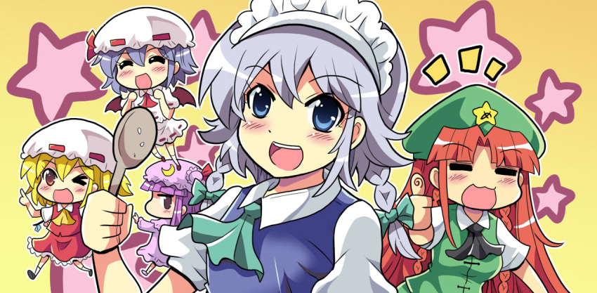 5girls apron blonde_hair closed_eyes colonel_aki commentary flandre_scarlet hong_meiling izayoi_sakuya lavender_hair long_hair maid maid_apron maid_headdress multiple_girls one_eye_closed open_mouth patchouli_knowledge purple_hair redhead remilia_scarlet short_hair silver_hair smile star thumbs_up touhou