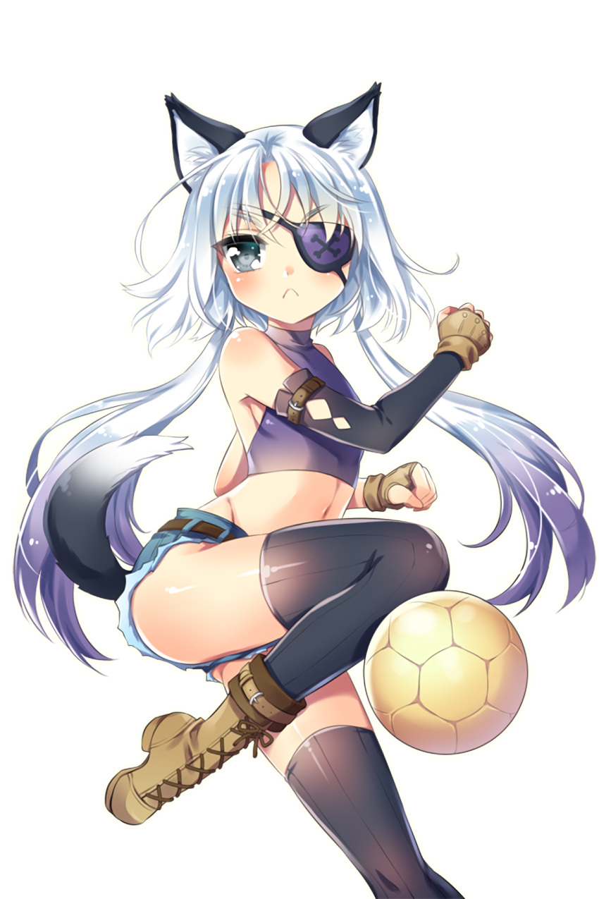 1girl animal_ears ball black_legwear boots brown_boots cat_ears clenched_hands denim denim_shorts eyepatch fingerless_gloves flat_chest frown gloves grey_eyes highres long_hair looking_at_viewer manle shairan_(soccer_spirits) short_shorts shorts soccer_ball soccer_spirits solo standing standing_on_one_leg tail twintails white_hair