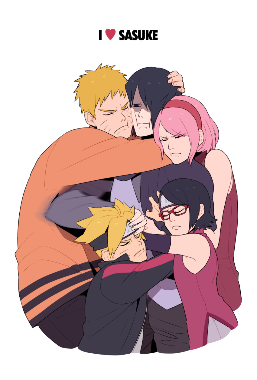 2girls 3boys bare_shoulders black_hair blonde_hair character_name closed_eyes elbowing facial_mark family father_and_son forehead_mark forehead_protector hair_over_one_eye haruno_sakura heart highres hug multiple_boys multiple_girls naruto pink_hair redlhzz shaded_face uchiha_sarada uchiha_sasuke uzumaki_boruto uzumaki_naruto whisker_markings