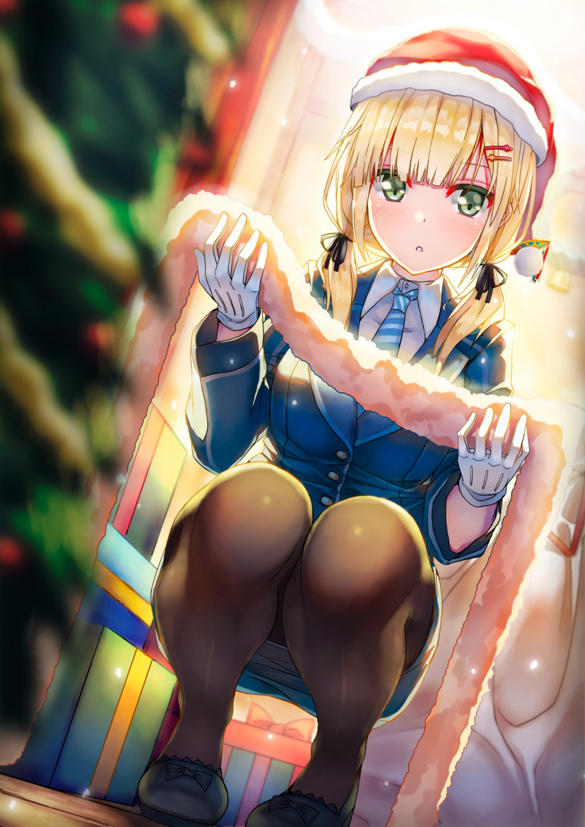 1girl 90i :o bangs black_bow black_legwear black_ribbon black_shoes blonde_hair blue_jacket blue_necktie blue_skirt blunt_bangs blurry blush bow box breasts buttons christmas christmas_tree collared_shirt depth_of_field dress_shirt dutch_angle emilia_(krt_girls) floor fur_trim gift gift_box gloves green_eyes hair_ornament hair_over_shoulder hair_ribbon hairclip hat highres holding indoors jacket krt_girls light_particles long_hair long_sleeves looking_at_viewer medium_breasts miniskirt necktie office_lady open_door pantyhose parted_lips pencil_skirt pom_pom_(clothes) red_hat ribbon sack santa_hat shirt shoes skirt solo squatting striped striped_necktie twintails white_gloves white_shirt