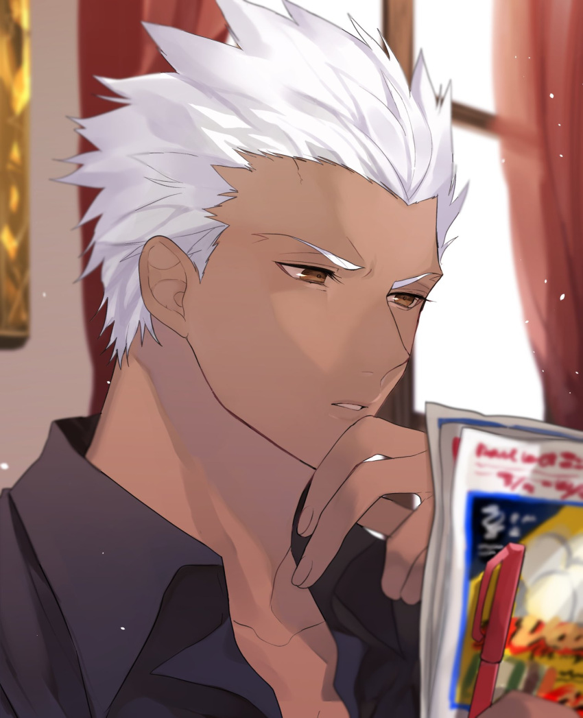 1boy archer_(fate) black_shirt blurry blurry_background blurry_foreground collarbone collared_shirt commentary_request curtains dark_skin depth_of_field face fate/stay_night fate_(series) hair_slicked_back hand_on_own_chin highres holding indoors looking_at_viewer magazine male_focus pen reading red_eyes shimatori_(sanyyyy) shirt short_hair solo white_hair window
