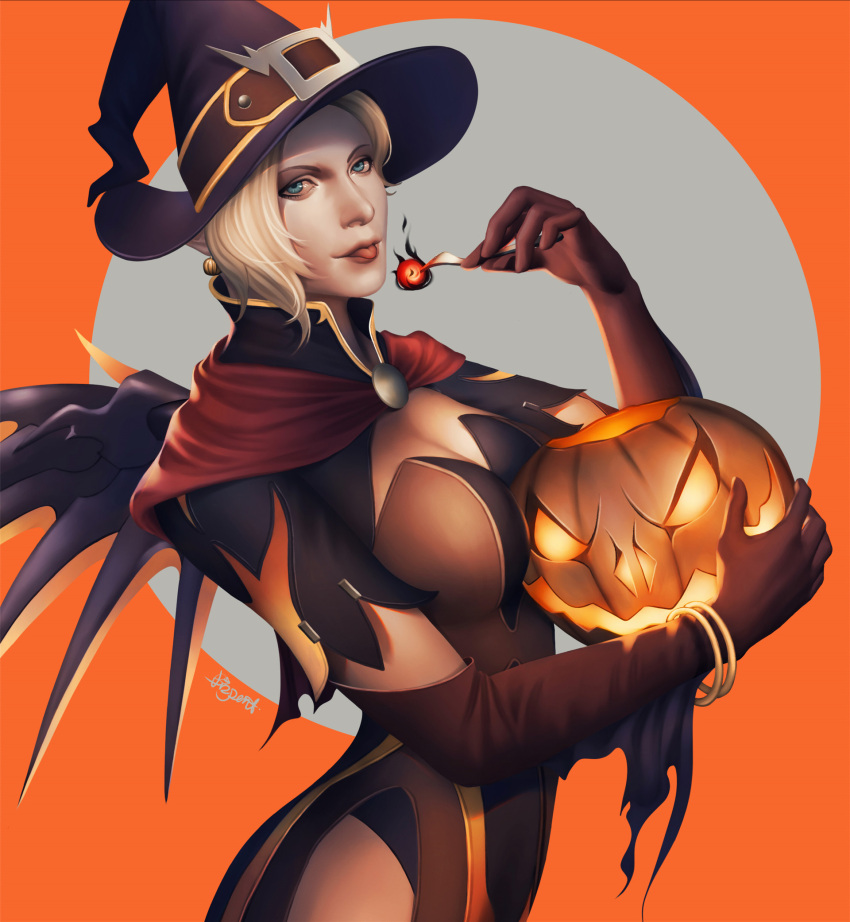 1girl alternate_costume artist_name bangle blonde_hair blue_eyes bracelet breasts brown_dress brown_gloves cape capelet cleavage dress earrings elbow_gloves eyelashes eyeliner fork gloves halloween halloween_costume hand_up hat hat_belt high_collar highleg highleg_leotard highres holding holding_fork jack-o'-lantern jack-o'-lantern_earrings jewelry large_breasts leotard loincloth looking_at_viewer makeup mechanical_wings mercy_(overwatch) overwatch pentaloid purple_hat red_cape short_hair short_sleeves signature smile solo spread_wings tongue tongue_out upper_body wings witch witch_hat witch_mercy
