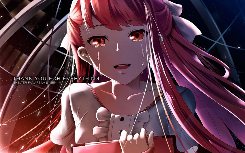 1girl artist_name backlighting bangs cockpit collarbone copyright_name dress eyebrows eyebrows_visible_through_hair hair_ribbon half_updo happy_tears highres long_hair looking_at_viewer parted_lips red_eyes redhead ribbon rin_(shelter) shelter_(music_video) solo sysen tablet tears thank_you upper_body