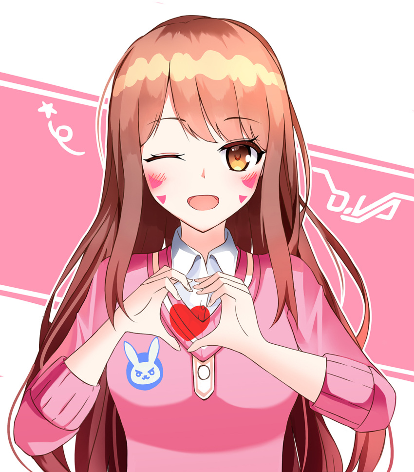 1girl ;d blush brown_eyes brown_hair bunny_print buttons character_name collared_shirt d.va_(overwatch) dress_shirt eyebrows eyebrows_visible_through_hair facepaint facial_mark fingernails hands_up heart heart_hands highres long_hair looking_at_viewer niji_(rudduf232) one_eye_closed open_mouth overwatch pink_sweater shirt sleeves_past_elbows smile solo sweater upper_body whisker_markings white_shirt