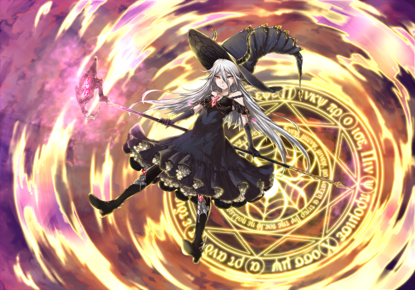 1girl artist_request black_boots black_dress black_gloves black_hat boots dress elbow_gloves gloves hair_between_eyes hat highres holding holding_weapon horns long_hair magic original silver_hair solo weapon witch_hat yellow_eyes