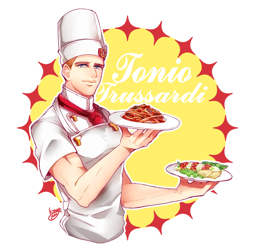 1boy apron blonde_hair blue_eyes character_name cheese chef chef_hat cropped_torso food hat high_collar highres holding holding_plate jojo_no_kimyou_na_bouken kisaragiyuu looking_at_viewer male_focus neckerchief pasta plate salad signature smile solo spaghetti tomato toned tonio_trussardi toque_blanche upper_body