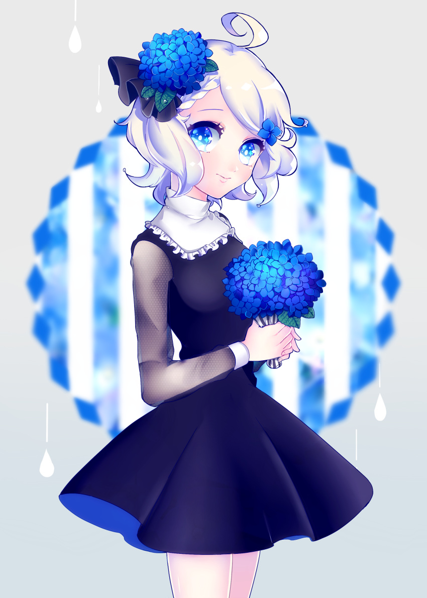 1girl absurdres ahoge black_dress blue_eyes blurry depth_of_field dress flower hair_flower hair_ornament highres holding holding_flower hydrangea kisaragiyuu original solo striped white_hair