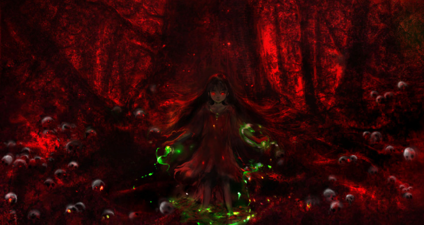 00 1girl blurry dark dress forest glowing glowing_eyes highres long_hair looking_at_viewer magic nature original red red_eyes skull solo torn_clothes torn_dress tree