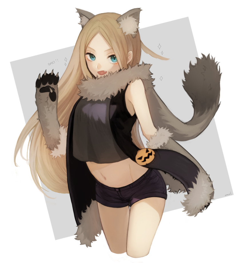 1girl animal_ears bangs black_shorts blue_eyes breasts brown_hair crop_top crop_top_overhang cropped_legs curry_gohan eyelashes fang fur_trim gloves halloween heart heart_in_mouth highres jack-o'-lantern konami_kirie light_brown_hair long_hair looking_at_viewer medium_breasts midriff paw_gloves scarf shorts sleeveless solo sparkle square stomach tail thigh_gap very_long_hair white_background wolf_ears wolf_tail world_trigger