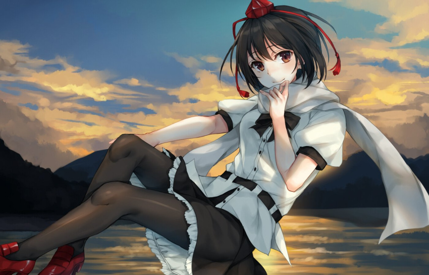 1girl belt black_bow black_bowtie black_hair black_legwear black_skirt blush bow bowtie brown_eyes closed_mouth dress_shirt flying from_side hat looking_at_viewer looking_to_the_side outdoors pantyhose petticoat puffy_short_sleeves puffy_sleeves red_shoes rinarisa scarf shameimaru_aya shirt shoes short_hair short_sleeves skirt smile solo tokin_hat touhou white_scarf white_shirt