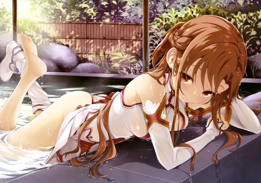 1girl absurdres ass asuna_(sao) bare_shoulders barefoot boots brown_eyes brown_hair buriki detached_sleeves end_card feet highres lips long_hair long_legs looking_at_viewer lying official_art panties partially_submerged scan single_shoe single_thighhigh skirt skirt_lift soles solo sword_art_online thigh-highs toes underwear water wet wet_clothes wet_hair white_legwear white_panties