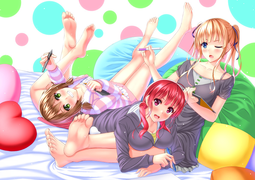 3girls :d absurdres ahoge barefoot blonde_hair blue_eyes blush breasts brown_hair collar crossed_ankles cushion feet green_eyes grin hair_ribbon heart heart_pillow highres large_breasts looking_at_viewer low_twintails lying mechanical_pencil multiple_girls on_back on_stomach one_eye_closed open_mouth pajamas pencil pillow redhead ribbon shirouzu_myuuta short_hair shorts smile soles striped toes twintails violet_eyes