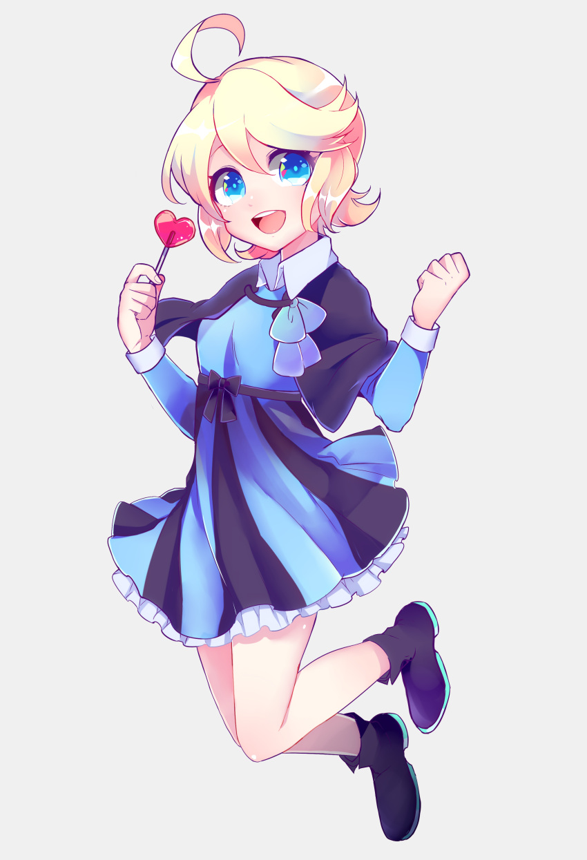 1girl absurdres ahoge black_boots blonde_hair blue_dress blue_eyes boots candy clenched_hand dress full_body highres kisaragiyuu lollipop open_mouth original smile solo transparent_background
