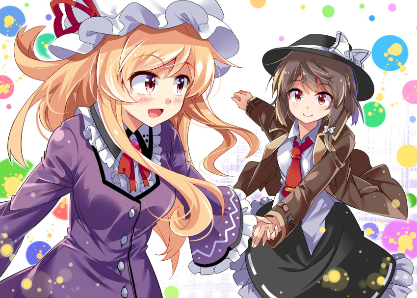 2girls black_hair black_skirt blonde_hair blush bow breasts brooch brown_eyes dress e.o. fedora frilled_shirt_collar frilled_sleeves frills hair_bow hat hat_bow hat_ribbon holding_hands jacket jewelry long_hair long_sleeves looking_at_another maribel_hearn medium_breasts mob_cap multiple_girls neck_ribbon necktie open_clothes open_jacket petticoat purple_dress red_eyes red_necktie red_ribbon ribbon shirt skirt touhou upper_body usami_renko white_bow white_shirt wide_sleeves