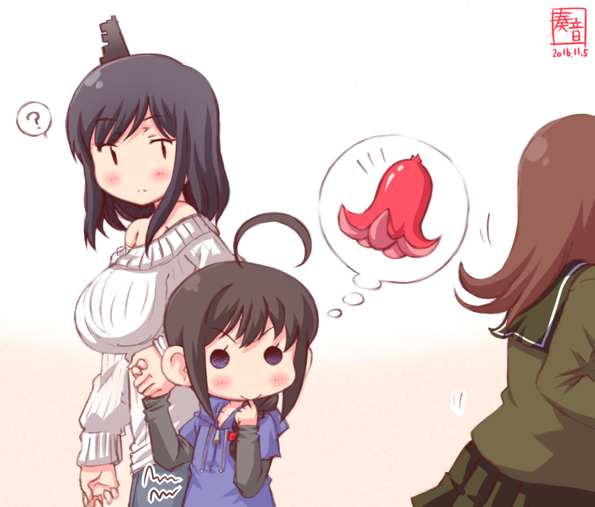 2016 3girls ? ahoge bare_shoulders black_hair braid breasts brown_hair casual commentary_request dated from_behind hair_ornament hair_over_shoulder highres holding_hands hood hooded_jacket imagining jacket kanon_(kurogane_knights) kantai_collection large_breasts long_hair long_sleeves multiple_girls off-shoulder_sweater ooi_(kantai_collection) ribbed_sweater school_uniform serafuku shigure_(kantai_collection) short_hair signature single_braid solid_circle_eyes stomach_growling sweater tako-san_wiener yamashiro_(kantai_collection) |_|