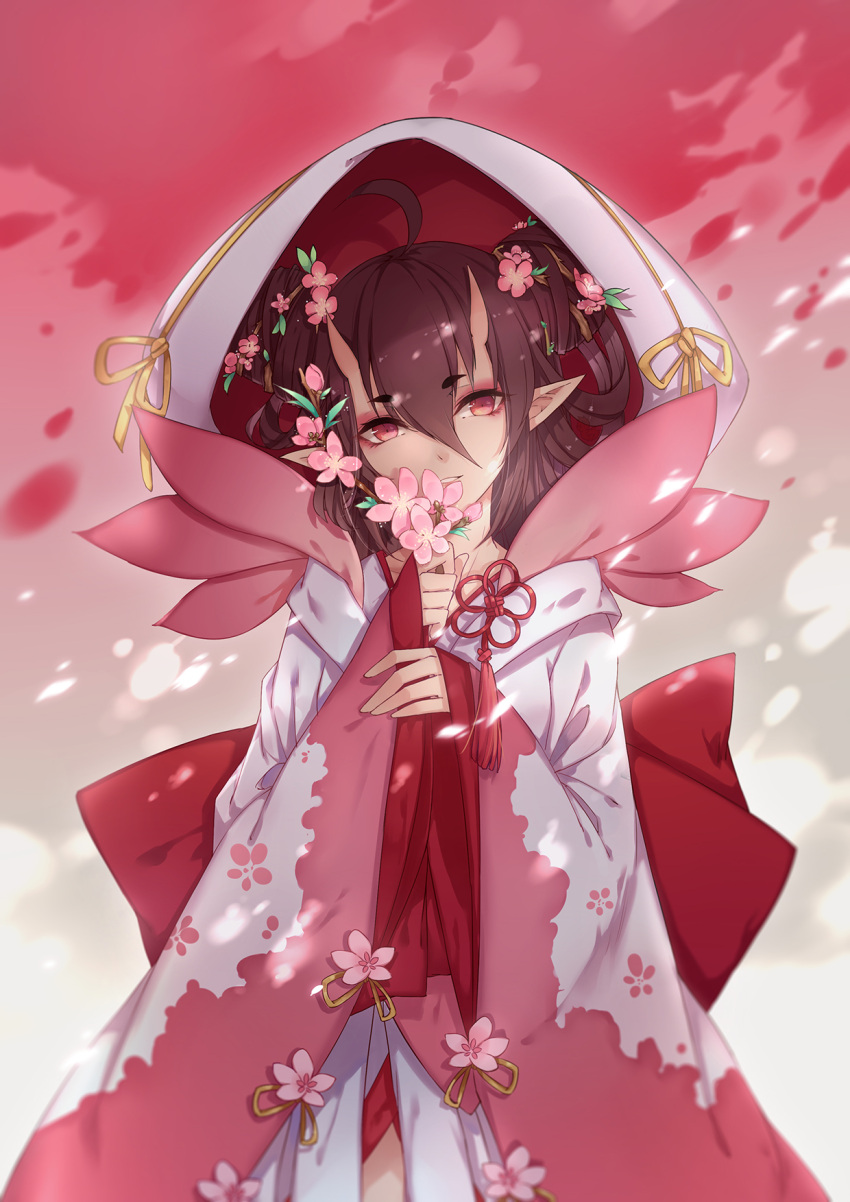 1girl ahoge brown_hair chinese_clothes demon_girl flower fy_fei_xiao_ya hair_between_eyes hair_flower hair_ornament head_tilt highres looking_at_viewer oni_horns onmyoji parted_lips peach_blossom pink pink_flower pointy_ears red_eyes short_eyebrows sleeves_past_wrists solo tao_hua_yao wide_sleeves