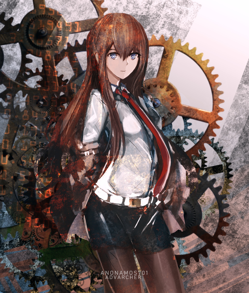 1girl anonamos artist_name bangs belt black_legwear black_shorts blue_eyes brown_hair closed_mouth collared_shirt cowboy_shot dress_shirt gears hair_between_eyes highres legwear_under_shorts long_hair long_sleeves looking_at_viewer makise_kurisu necktie pantyhose red_neckwear shiny shiny_clothes shiny_legwear shirt short_shorts shorts solo standing steins;gate very_long_hair white_belt white_shirt wing_collar