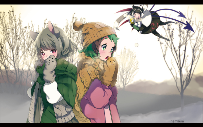 3girls :o adapted_costume animal_band animal_ears artist_name asymmetrical_wings bangs bare_tree beanie black_dress black_hair black_legwear blush breasts breath capelet cat_print coat cold covered_mouth day dress dropping earmuffs eyebrows eyebrows_visible_through_hair flying green_eyes green_hair grey_hair grin hands_over_mouth happy hat houjuu_nue kasodani_kyouko letterboxed long_sleeves looking_at_another looking_at_viewer mittens mouse_ears multiple_girls namauni nazrin outdoors pantyhose pom_pom_(clothes) red_eyes shawl short_hair smile snowball sweater touhou tree wallpaper wings winter