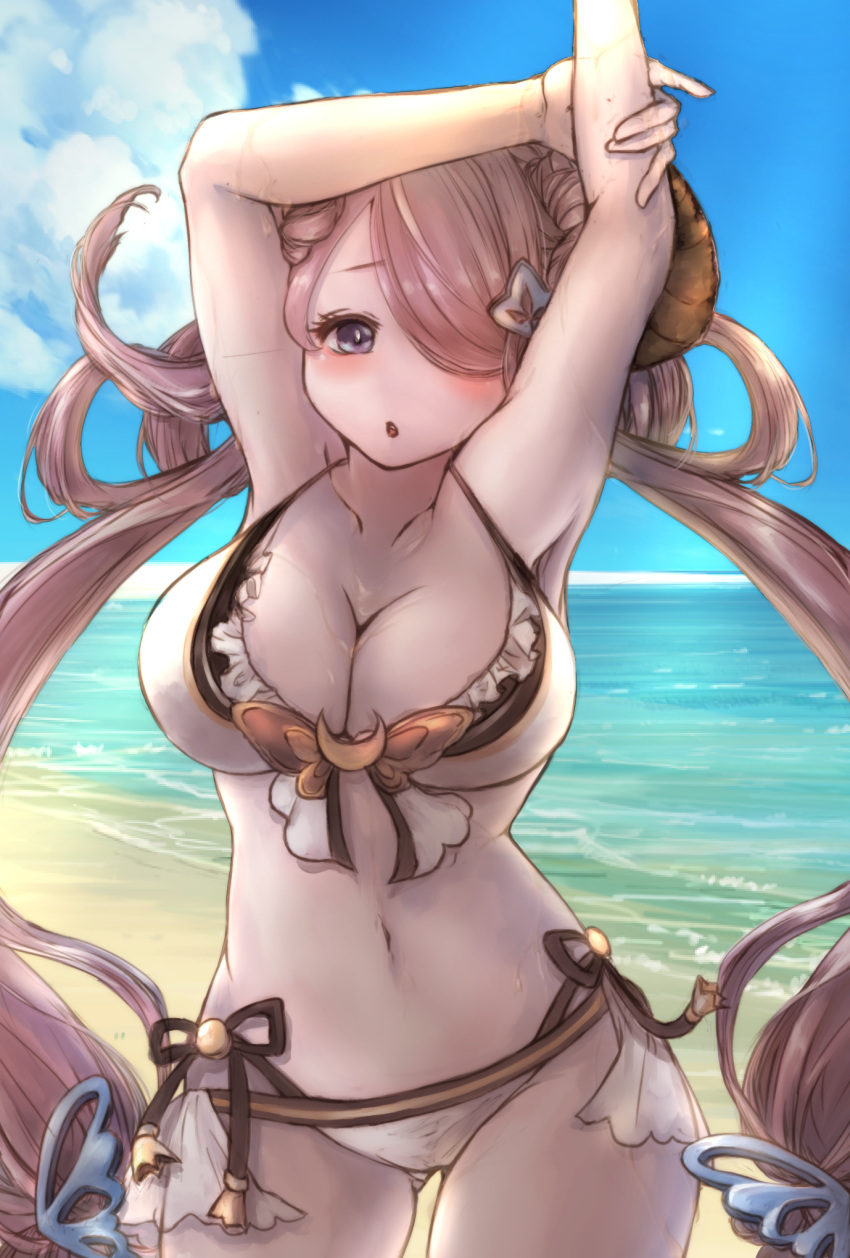 1girl beach bikini blush breasts bright_pupils cleavage doraf double_bun granblue_fantasy hair_ornament hair_over_one_eye highres horns long_hair low-tied_long_hair machiko_(machicoillust) narumeia_(granblue_fantasy) navel ocean pink_hair pointy_ears solo swimsuit violet_eyes white_bikini