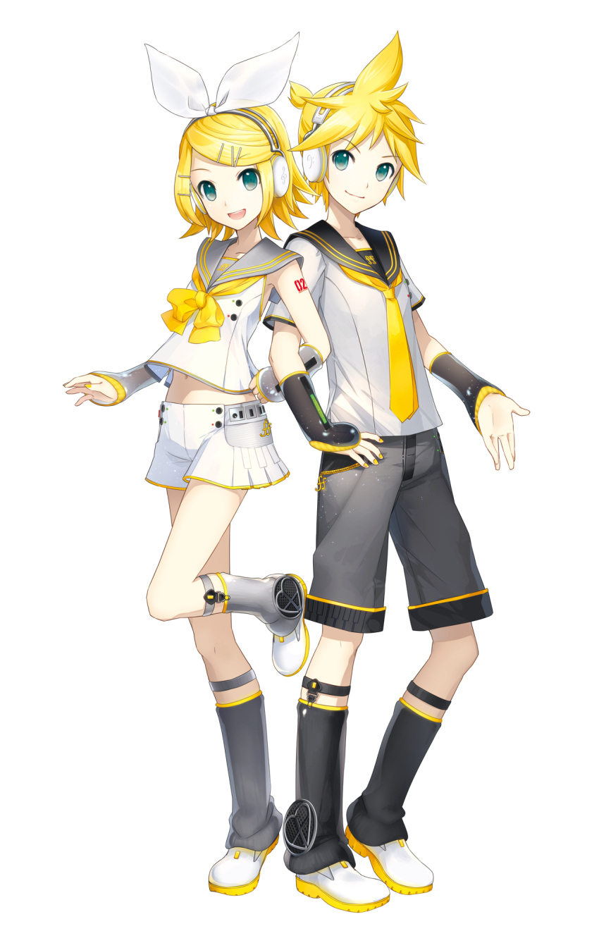 1boy 1girl aqua_eyes arm_hug blonde_hair boots bow closed_mouth detached_sleeves fortissimo full_body headphones highres ixima kagamine_len kagamine_len_(vocaloid4) kagamine_rin kagamine_rin_(vocaloid4) navel necktie official_art open_mouth sailor_collar short_hair shorts skirt smile standing standing_on_one_leg transparent_background v4x vocaloid
