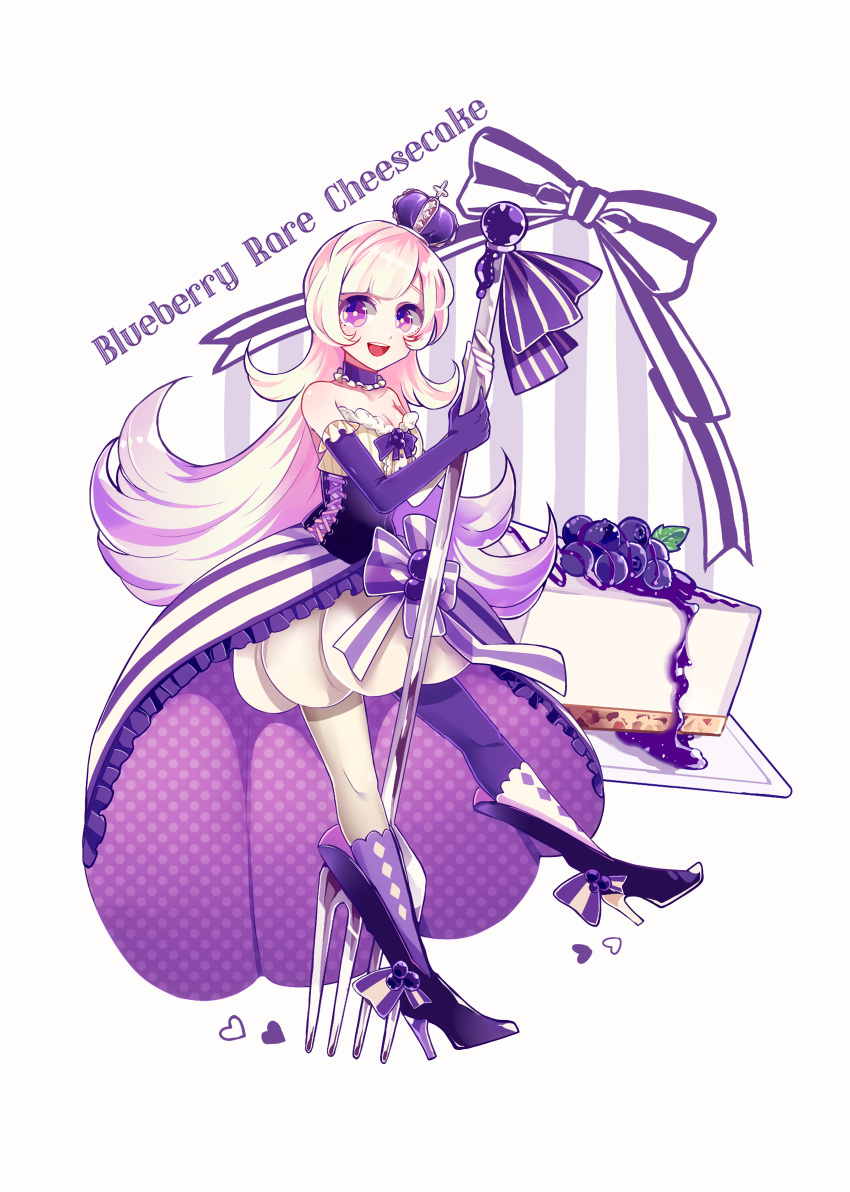 absurdres blonde_hair blueberry boots breasts cheesecake choker cleavage corset crown dress elbow_gloves food food_themed_clothes fork fruit full_body gloves high_heel_boots high_heels highres kisaragiyuu long_hair medium_breasts mismatched_legwear open_mouth original oversized_object personification polka_dot_skirt purple_boots purple_dress purple_gloves ribbon round_teeth smile striped striped_ribbon sweets teeth very_long_hair violet_eyes white_gloves