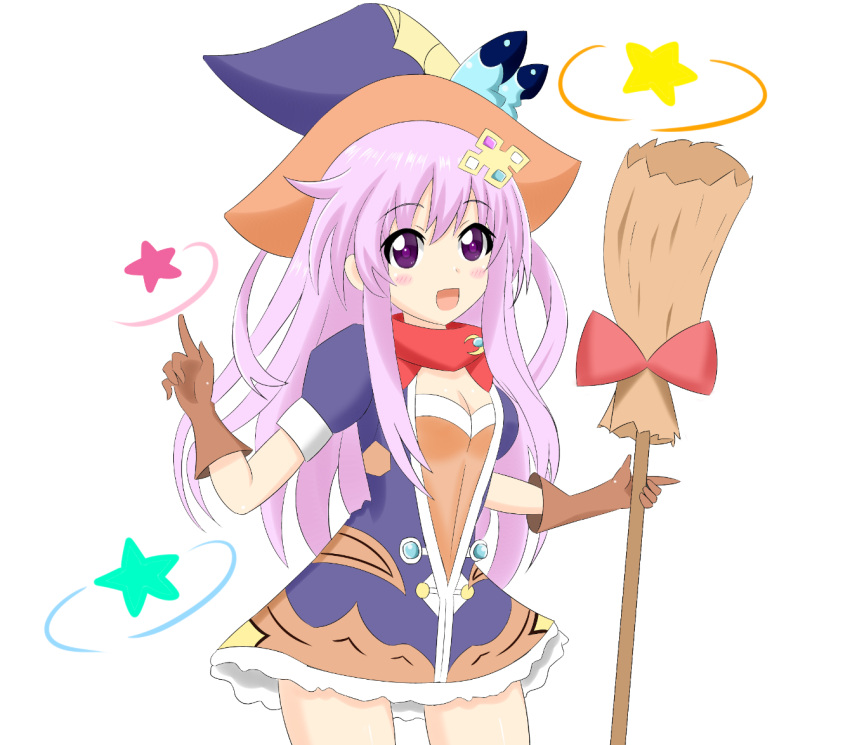 1girl blush broom crawford hair_ornament hat long_hair nepgear neptune_(series) open_mouth purple_hair smile solo star violet_eyes witch witch_hat