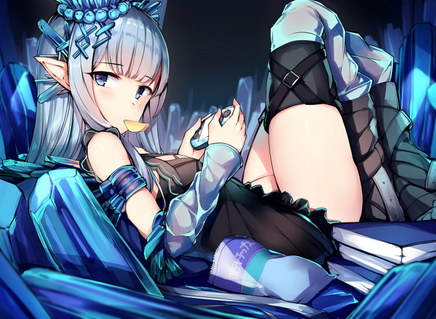 1girl bangs bare_shoulders black_dress blue_eyes blunt_bangs crystal detached_sleeves dress erin_(granblue_fantasy) eyebrows eyebrows_visible_through_hair from_side granblue_fantasy hair_ornament knees_up long_hair looking_at_viewer lying mouth_hold on_back orihi_chihiro pointy_ears short_dress solo x_hair_ornament