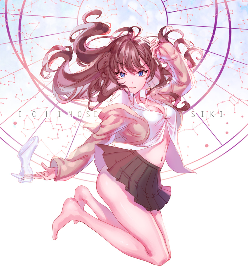 1girl ahoge barefoot blue_eyes breasts brown_hair character_name cleavage dress_shirt glass_slipper hado_(gjdlsxor1) high_heels highres holding_shoe ichinose_shiki idolmaster idolmaster_cinderella_girls jacket jumping large_breasts long_hair looking_at_viewer messy_hair midriff open_clothes open_jacket open_shirt pleated_skirt school_uniform shirt shoes_removed skirt solo thighs wavy_hair