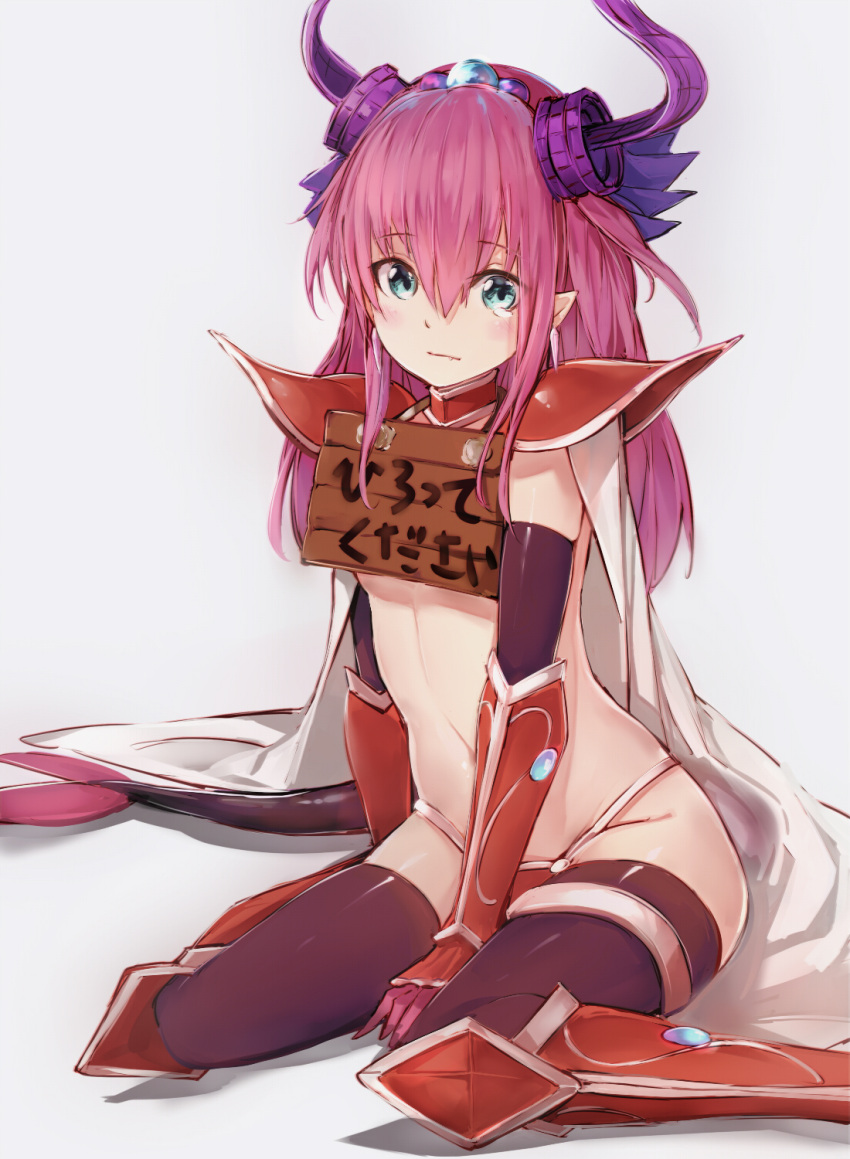 1girl aqua_eyes armor armored_boots bikini_armor blush boots cape closed_mouth curled_horns elizabeth_bathory_(brave)_(fate) eyebrows eyebrows_visible_through_hair fang fate/extra fate/extra_ccc fate/grand_order fate_(series) gauntlets grey_background groin hair_between_eyes highres horns knee_pads lancer_(fate/extra_ccc) long_hair looking_at_viewer navel pauldrons pink_hair pointy_ears sign_around_neck silver_(chenwen) simple_background sitting solo tail tears thigh-highs tiara translated wariza