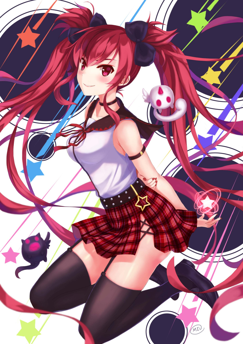 1girl absurdres armpit_peek arms_behind_back bare_shoulders belt bent_knees black_bow black_legwear black_shoes blush bow breasts choker closed_mouth full_body hair_bow highres jinx_(league_of_legends) league_of_legends looking_at_viewer medium_breasts miu_(pixiv4149478) nail_polish neck_ribbon plaid plaid_skirt red_eyes red_nails red_ribbon redhead ribbon shoes side_slit skirt smile solo star star_guardian_jinx starry_background thigh-highs twintails