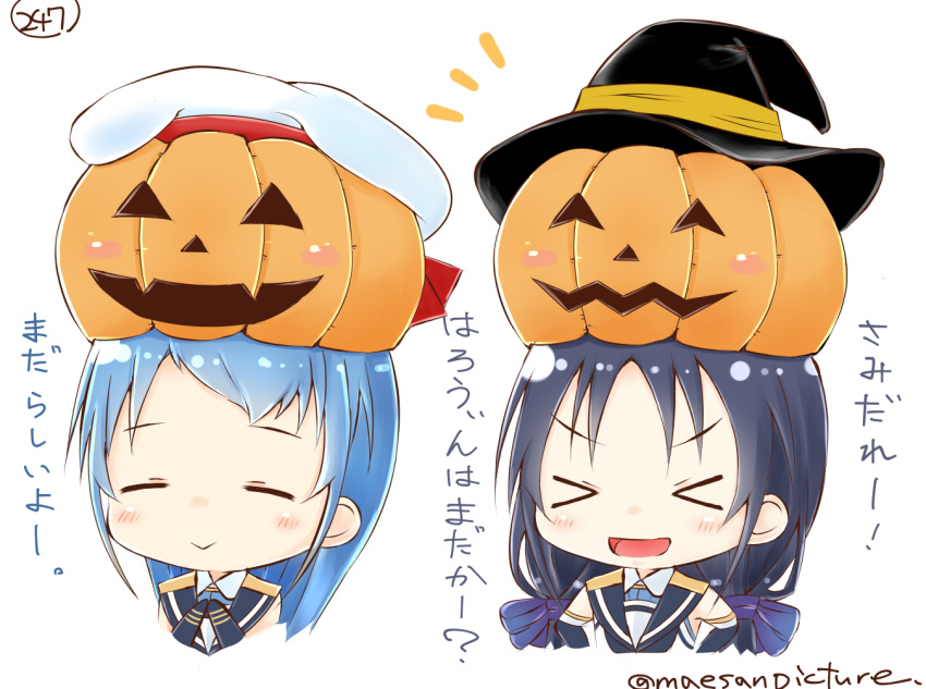 &gt;_&lt; 2girls beret blue_hair chibi closed_eyes elbow_gloves gloves hair_ribbon halloween hat kantai_collection long_hair mae_(maesanpicture) multiple_girls numbered pumpkin pumpkin_hat ribbon sailor_collar samidare_(kantai_collection) smile solo suzukaze_(kantai_collection) twintails twitter_username witch_hat